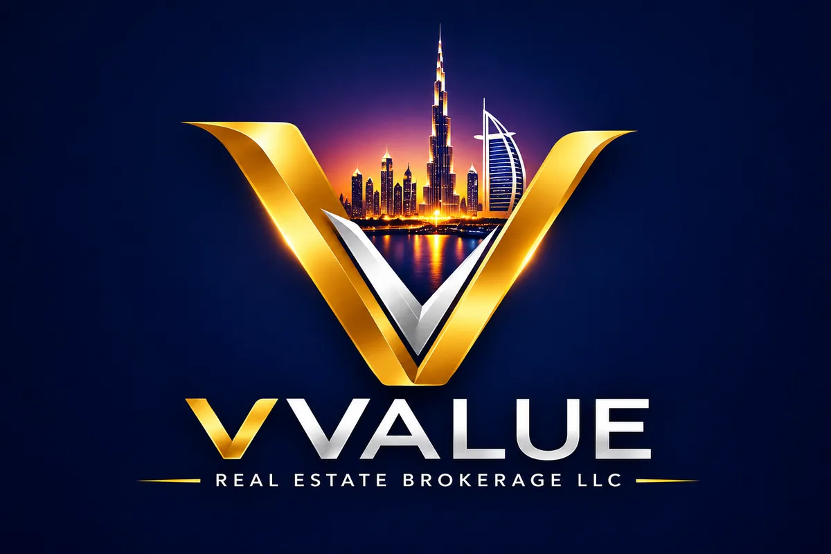 VValue master logo — a gold and silver nested V framing the Dubai skyline at sunset